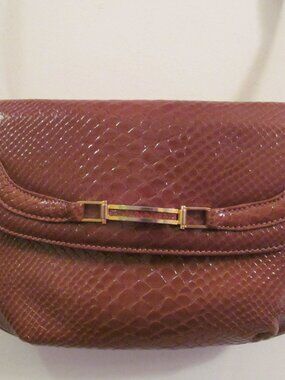 Vintage Block Handbag Made in Italy Faux Snakeskin Patent Leather Like Brown